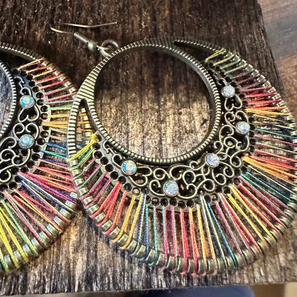 Boho Hippie Cowgirl Threaded Loop Wire Drop Earrings, Multicolor, Gift Box - Picture 6 of 7